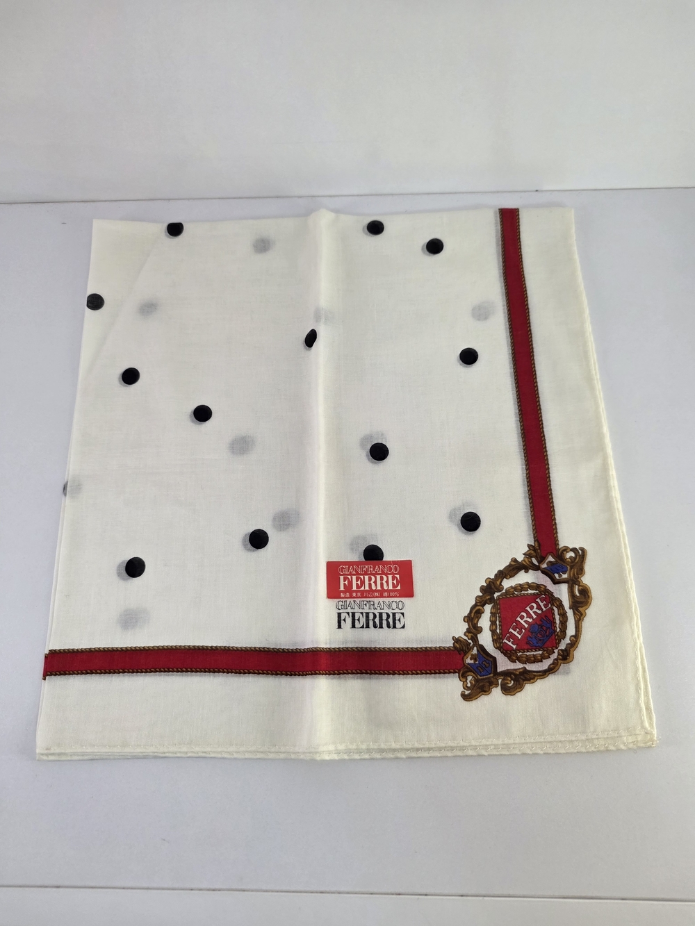 Gianfranco Ferre Cream & Black Polka Dot Cotton Small Scarf